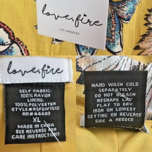 Love, Fire Dress XL Ruffle Strap Yellow Blue Floral Cold Shoulder V Neck Lined - Picture 8 of 11